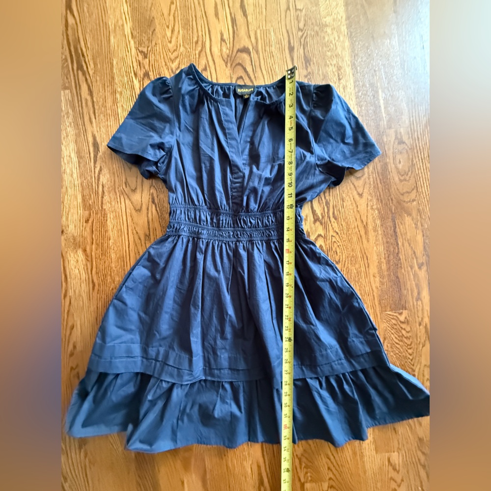 short solid Navy short sleeve v neck Dress minimalist monogromatic XS